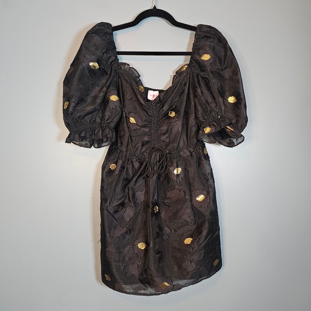 Buddy Love Black Floral Print Ruched Puff Sleeve Mini Dress Size Small